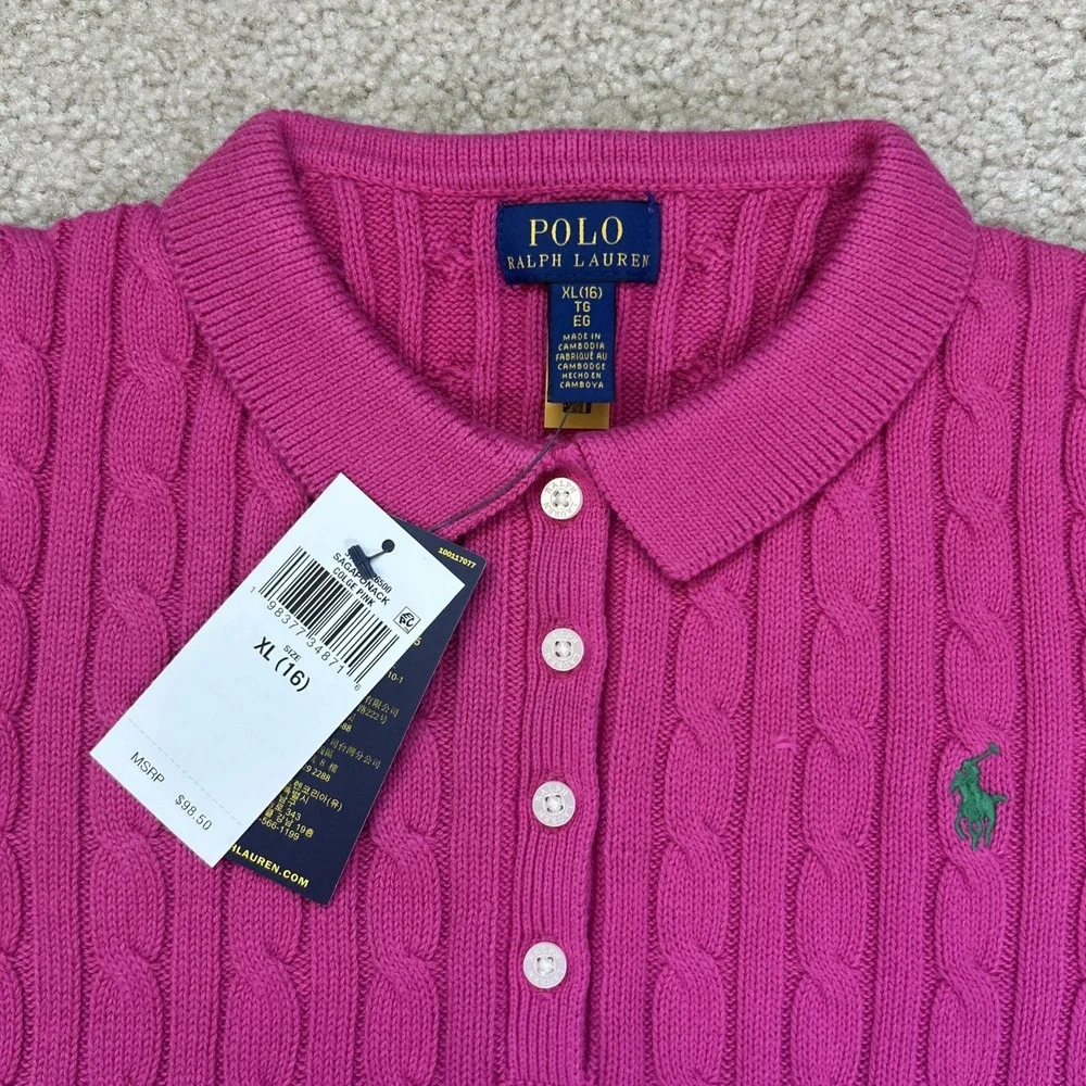 Polo Ralph Lauren KIDS Pink Cable Knit Preppy Sweater Dress 16 Polo Collar MWT